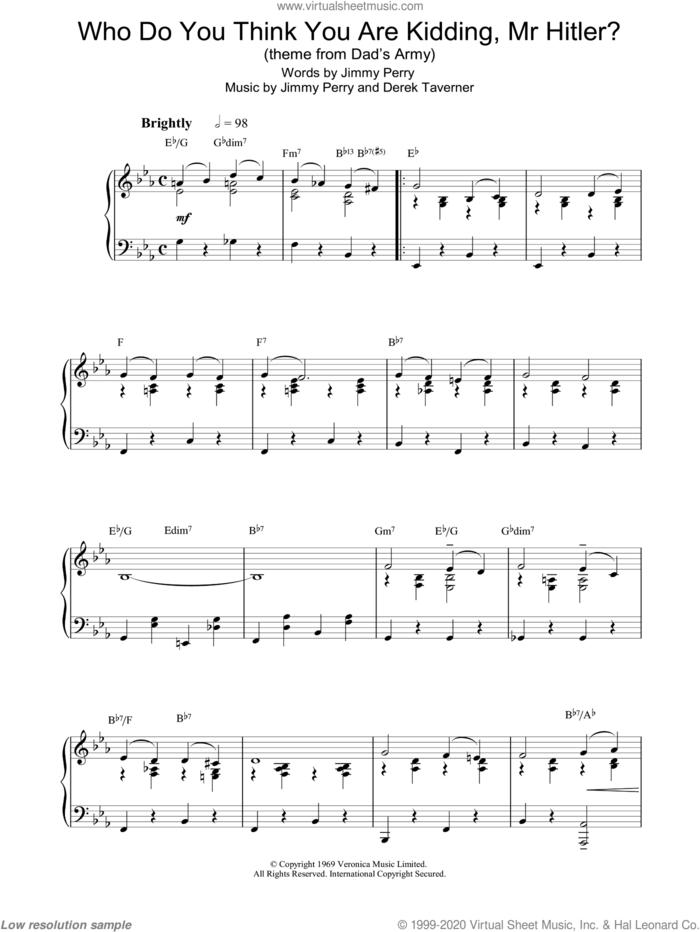 Who Do You Think You Are Kidding Mr. Hitler? sheet music for piano solo by Jimmy Perry and Derek Taverner, intermediate skill level