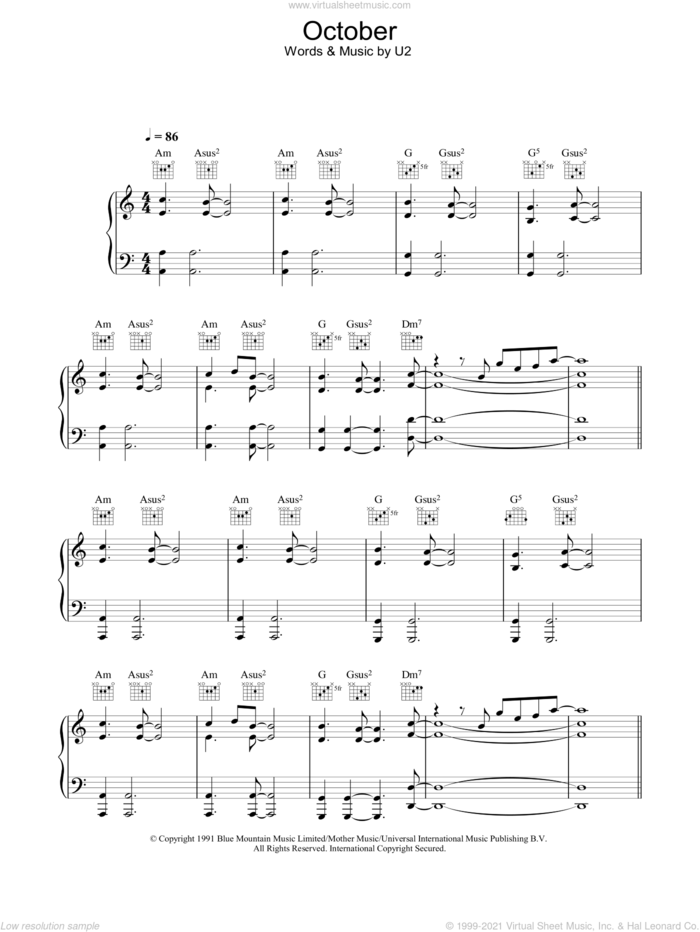 October sheet music for voice, piano or guitar by U2, intermediate skill level