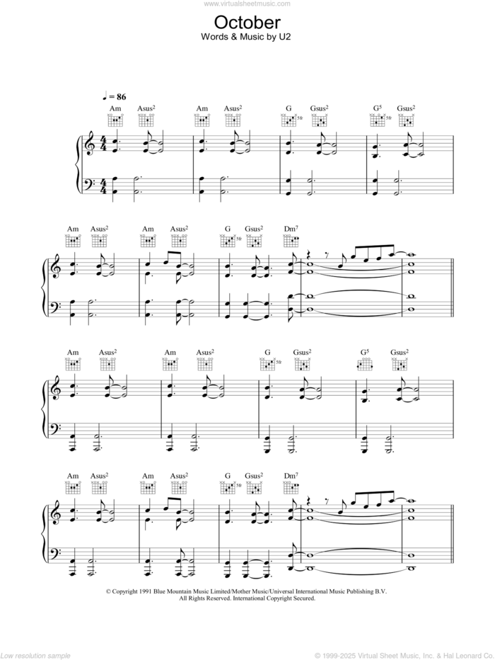 October sheet music for voice, piano or guitar by U2, intermediate skill level