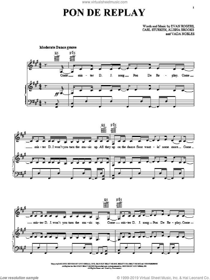 Pon De Replay sheet music for voice, piano or guitar by Rihanna, Alisha Brooks, Carl Sturken, Evan Rogers and Vada Nobles, intermediate skill level
