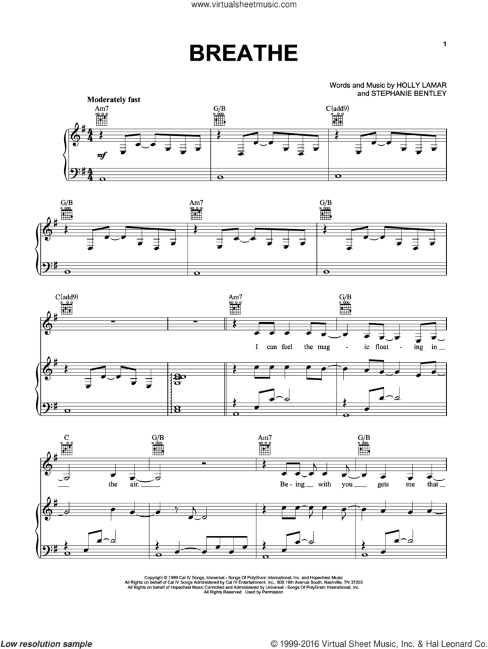 Breathe sheet music for voice, piano or guitar by Faith Hill, Holly Lamar and Stephanie Bentley, intermediate skill level