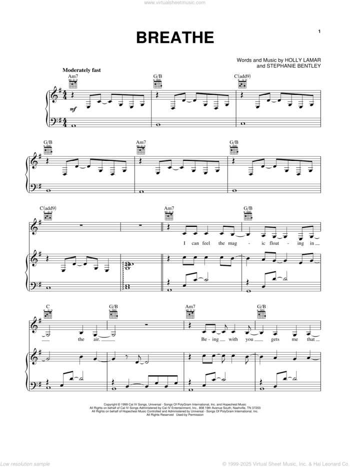 Breathe sheet music for voice, piano or guitar by Faith Hill, Holly Lamar and Stephanie Bentley, intermediate skill level