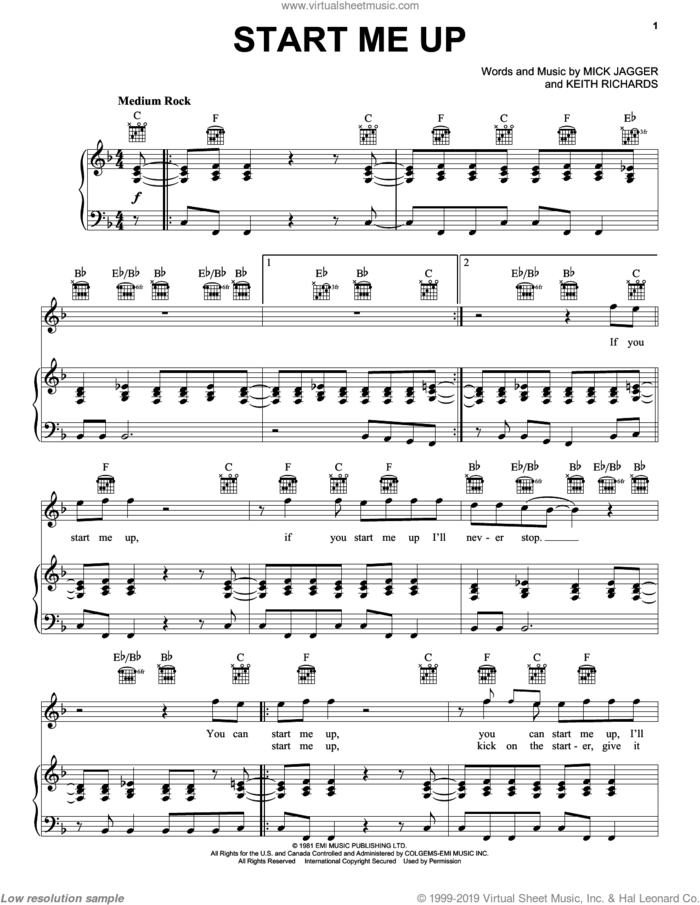 Start Me Up sheet music for voice, piano or guitar by The Rolling Stones, Keith Richards and Mick Jagger, intermediate skill level