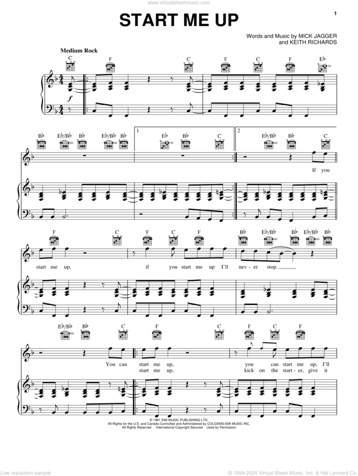 Start Me Up sheet music for voice, piano or guitar by The Rolling Stones, Keith Richards and Mick Jagger, intermediate skill level