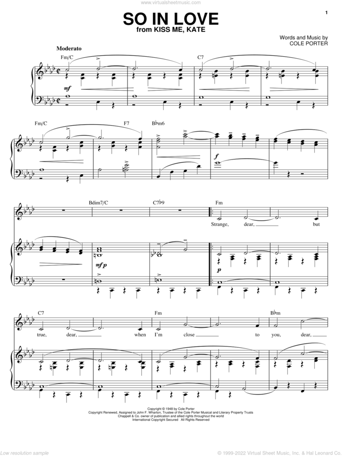 So In Love (from Kiss Me, Kate) sheet music for voice, piano or guitar by Cole Porter and Kiss Me, Kate (Musical), intermediate skill level