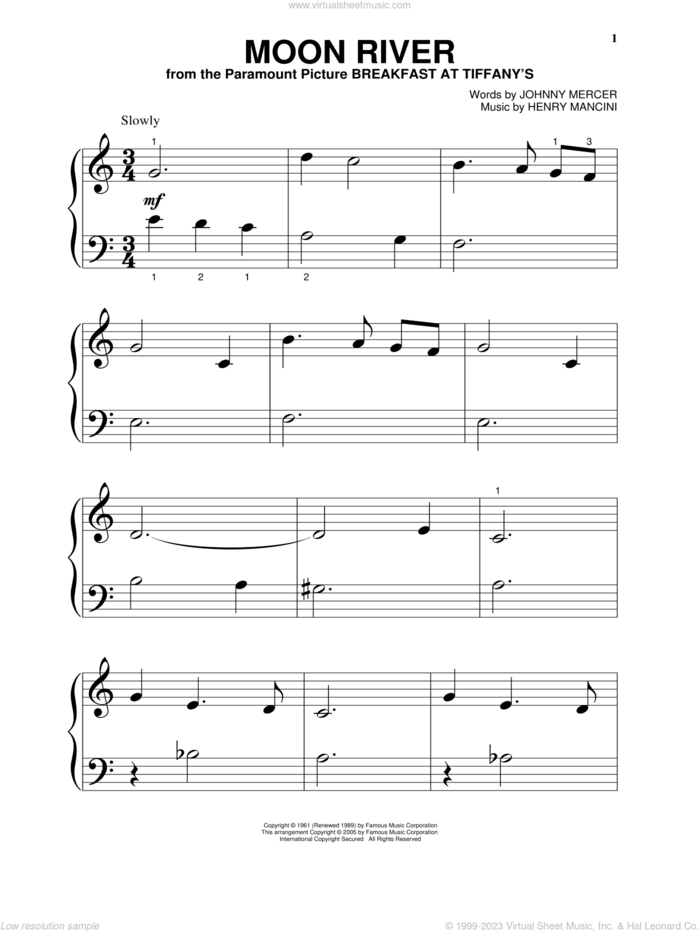Moon River, (beginner) sheet music for piano solo by Henry Mancini, Andy Williams and Johnny Mercer, wedding score, beginner skill level