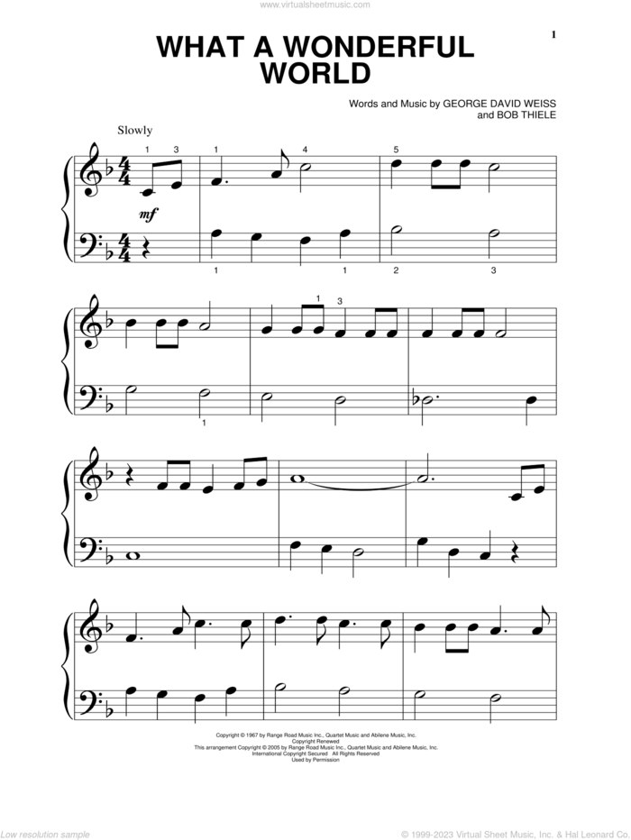 What A Wonderful World, (beginner) sheet music for piano solo by Louis Armstrong, Bob Thiele and George David Weiss, beginner skill level