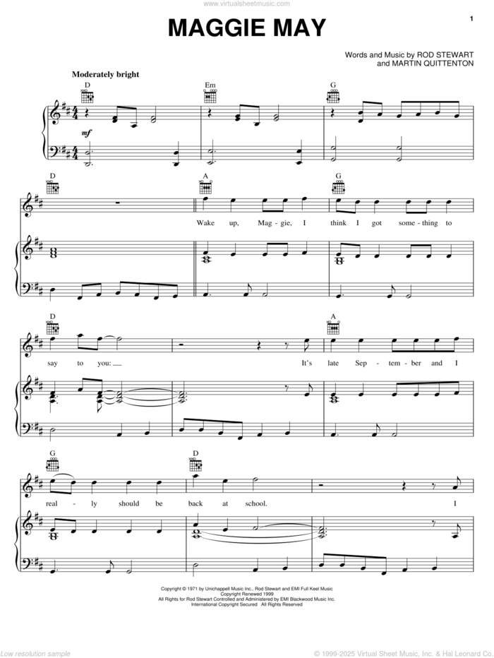 Maggie May sheet music for voice, piano or guitar by Rod Stewart and Martin Quittenton, intermediate skill level