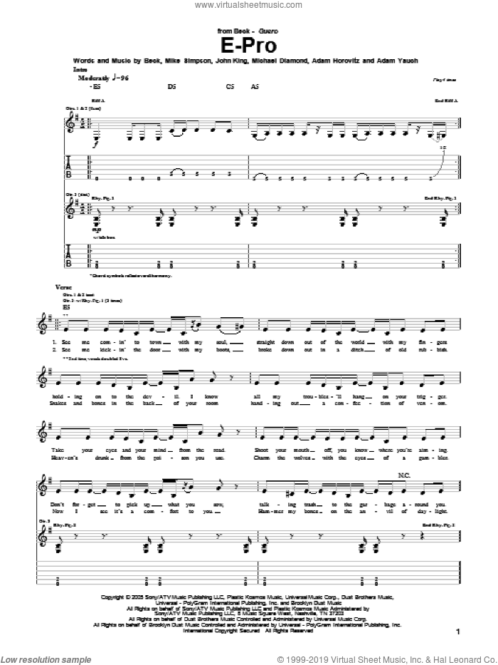 E-Pro sheet music for guitar (tablature) by Beck Hansen, Adam Horovitz, Adam Yauch, John King, Michael Diamond and Mike Simpson, intermediate skill level