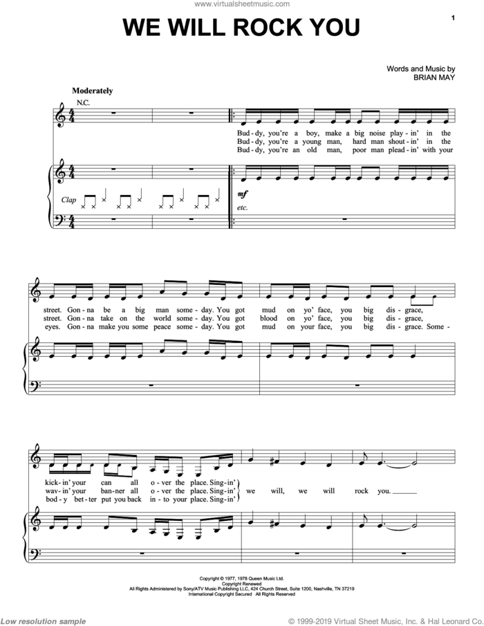 We Will Rock You sheet music for voice, piano or guitar by Queen and Brian May, intermediate skill level