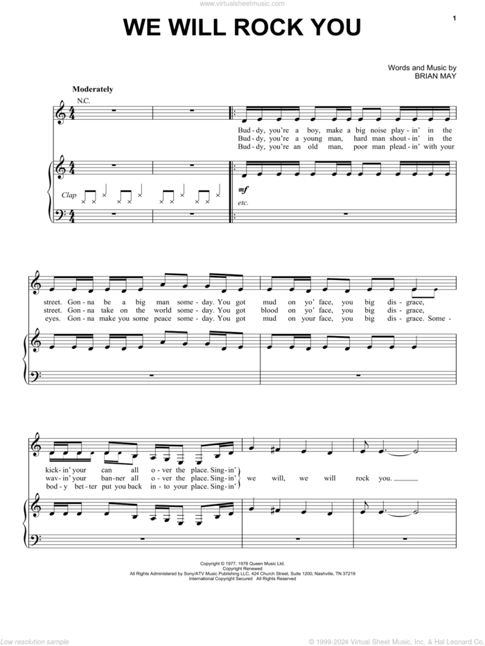 We Will Rock You sheet music for voice, piano or guitar by Queen and Brian May, intermediate skill level