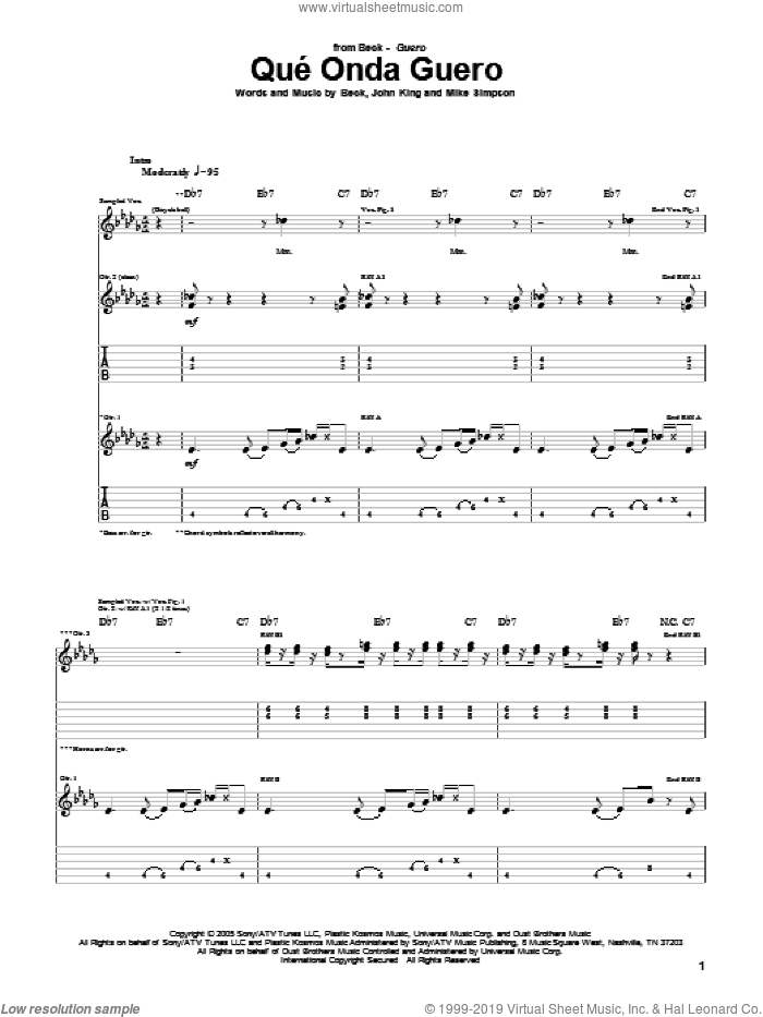 Que' Onda Guero sheet music for guitar (tablature) by Beck Hansen, John King and Mike Simpson, intermediate skill level