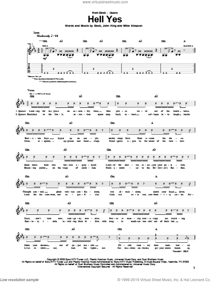 Hell Yes sheet music for guitar (tablature) by Beck Hansen, John King and Mike Simpson, intermediate skill level