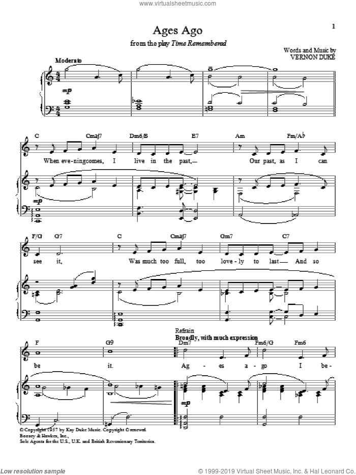 Ages Ago sheet music for voice and piano by Vernon Duke and Scott Dunn, intermediate skill level
