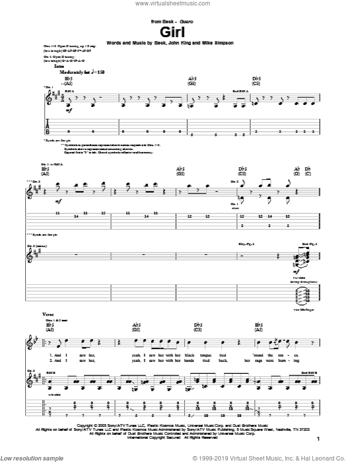 Girl sheet music for guitar (tablature) by Beck Hansen, John King and Mike Simpson, intermediate skill level