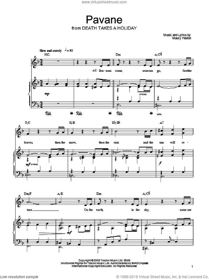 Pavane sheet music for voice, piano or guitar by Maury Yeston and Death Takes A Holiday (Musical), intermediate skill level
