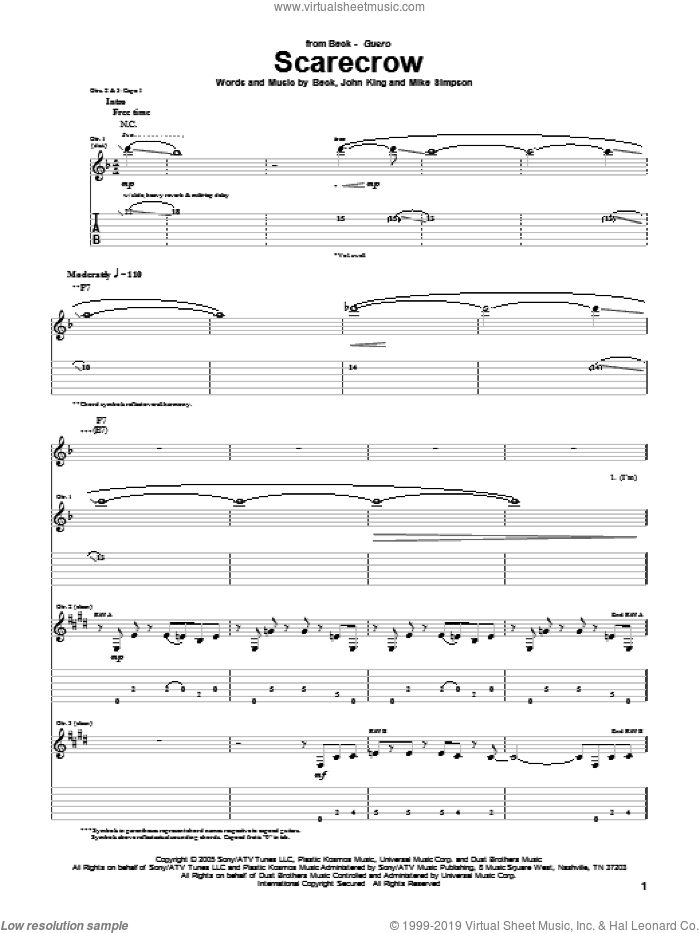 Scarecrow sheet music for guitar (tablature) by Beck Hansen, John King and Mike Simpson, intermediate skill level