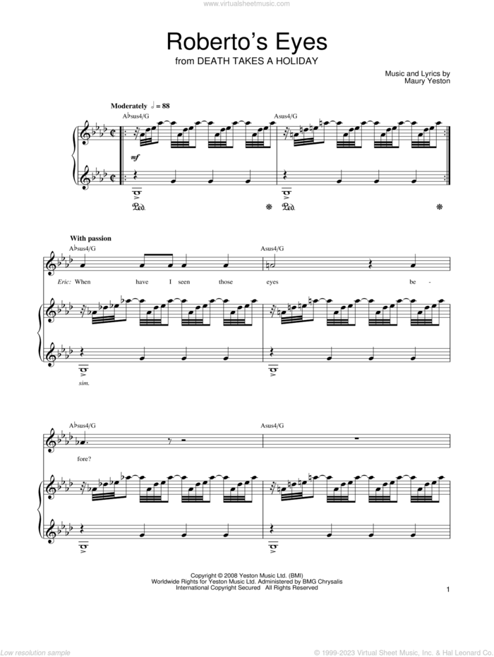 Roberto's Eyes sheet music for voice, piano or guitar by Maury Yeston and Death Takes A Holiday (Musical), intermediate skill level