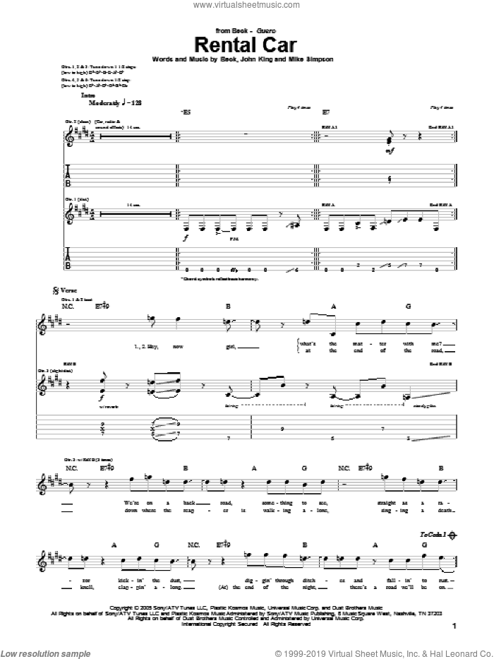 Rental Car sheet music for guitar (tablature) by Beck Hansen, John King and Mike Simpson, intermediate skill level