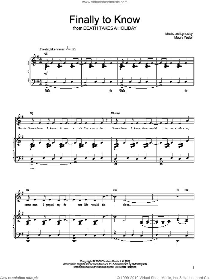 Finally To Know sheet music for voice, piano or guitar by Maury Yeston and Death Takes A Holiday (Musical), intermediate skill level
