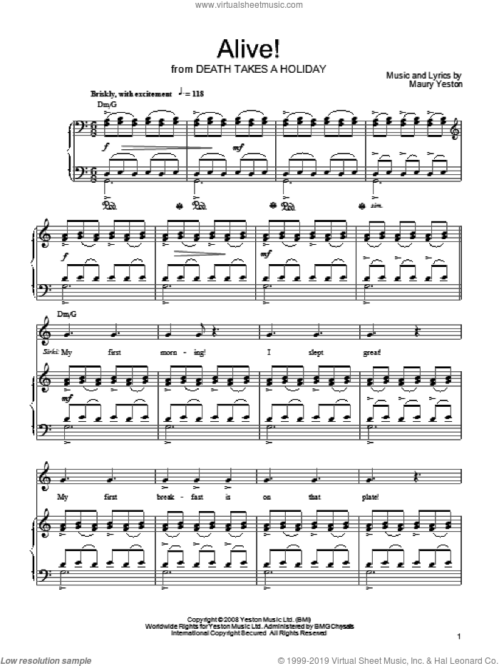 Alive! sheet music for voice, piano or guitar by Maury Yeston and Death Takes A Holiday (Musical), intermediate skill level