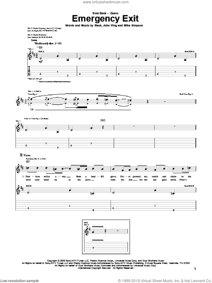 Emergency Exit sheet music for guitar (tablature) by Beck Hansen, John King and Mike Simpson, intermediate skill level