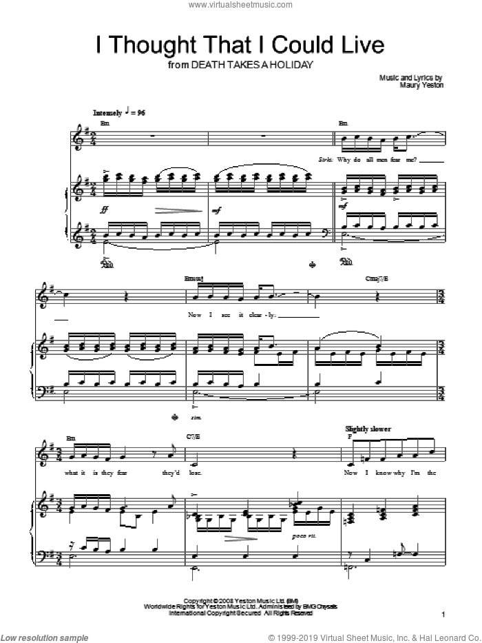I Thought That I Could Live sheet music for voice, piano or guitar by Maury Yeston and Death Takes A Holiday (Musical), intermediate skill level