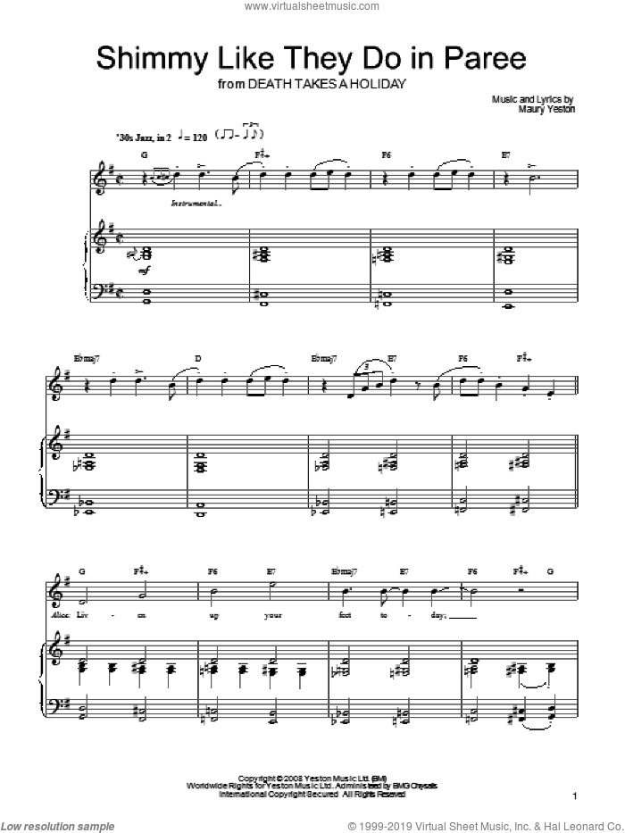 Shimmy Like They Do In Paree sheet music for voice, piano or guitar by Maury Yeston and Death Takes A Holiday (Musical), intermediate skill level