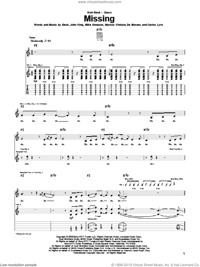 Missing sheet music for guitar (tablature) by Beck Hansen, Carlos Lyra, John King, Marcos Vinicius De Moraes and Mike Simpson, intermediate skill level