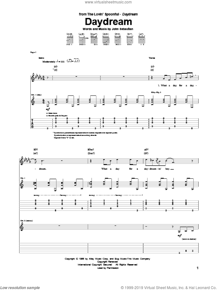 Daydream sheet music for guitar (tablature) by The Lovin' Spoonful and John Sebastian, intermediate skill level