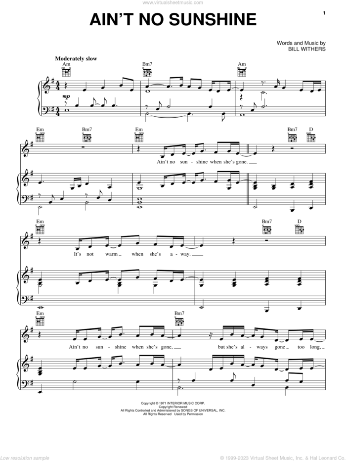 Ain't No Sunshine sheet music for voice, piano or guitar by Neil Diamond and Bill Withers, intermediate skill level