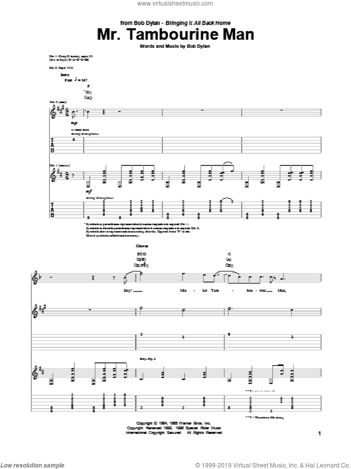 Mr. Tambourine Man sheet music for guitar (tablature) by Bob Dylan, intermediate skill level