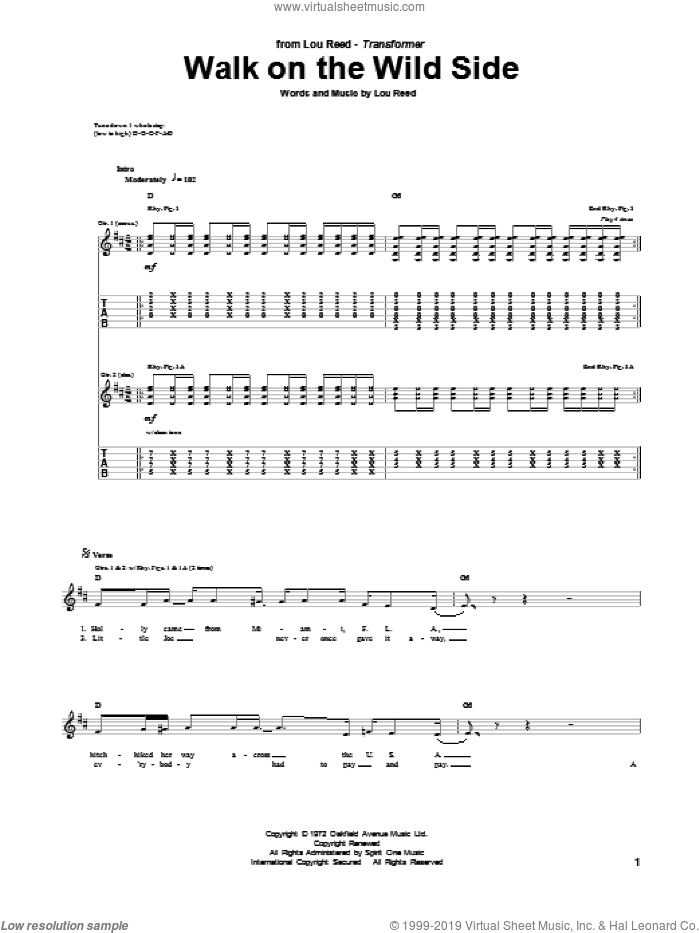 Walk On The Wild Side sheet music for guitar (tablature) by Lou Reed, intermediate skill level