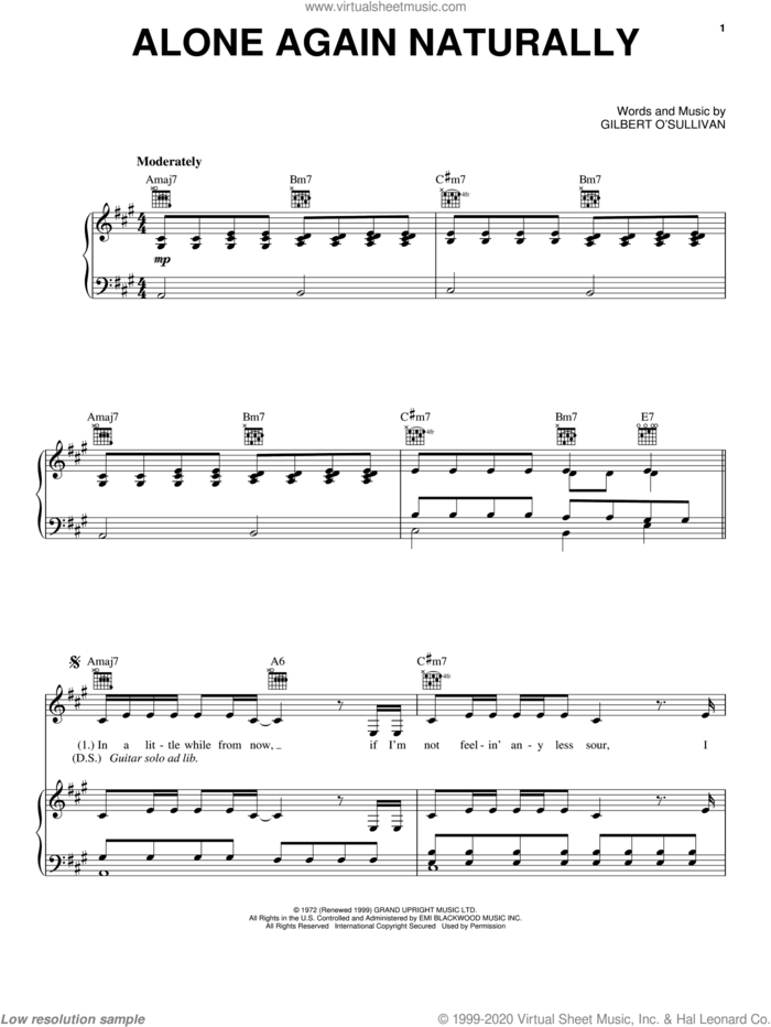 Alone Again (Naturally) sheet music for voice, piano or guitar by Neil Diamond, intermediate skill level