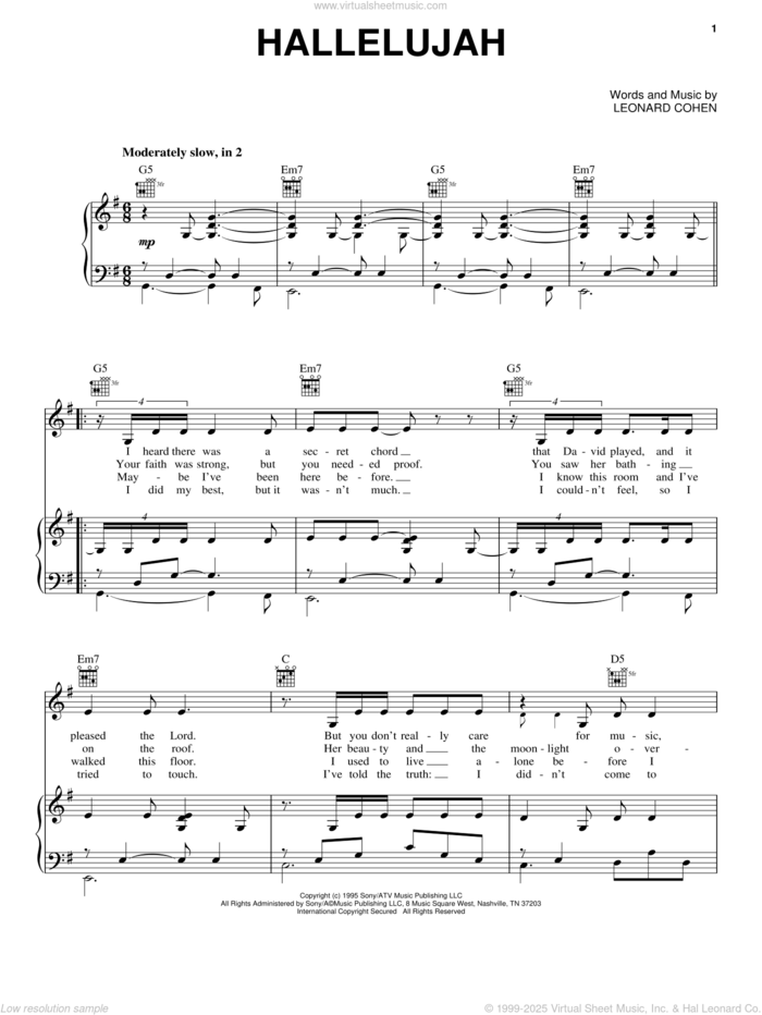 Hallelujah sheet music for voice, piano or guitar by Neil Diamond and Leonard Cohen, intermediate skill level