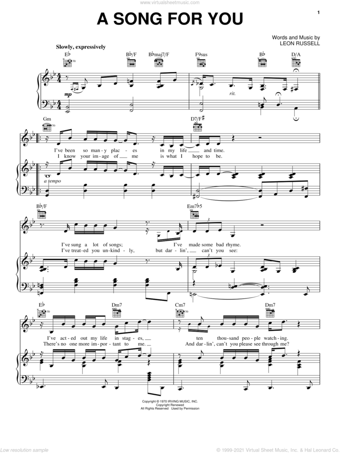 A Song For You sheet music for voice, piano or guitar by Neil Diamond and Leon Russell, intermediate skill level