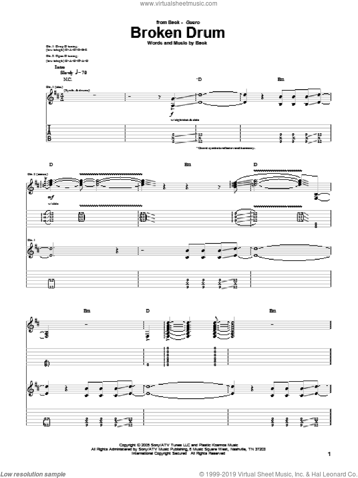 Broken Drum sheet music for guitar (tablature) by Beck Hansen, intermediate skill level