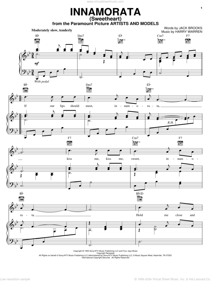 Innamorata (Sweetheart) sheet music for voice, piano or guitar by Harry Warren and Jack Brooks, intermediate skill level