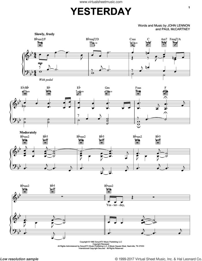 Yesterday sheet music for voice, piano or guitar by Neil Diamond, John Lennon and Paul McCartney, intermediate skill level