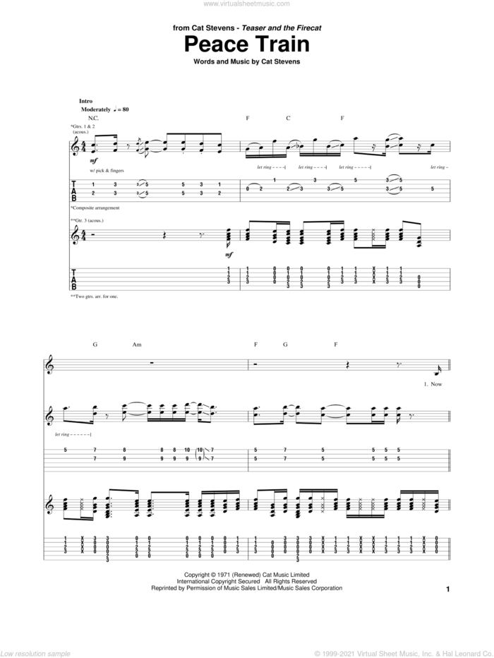 Peace Train sheet music for guitar (tablature) by Cat Stevens, intermediate skill level