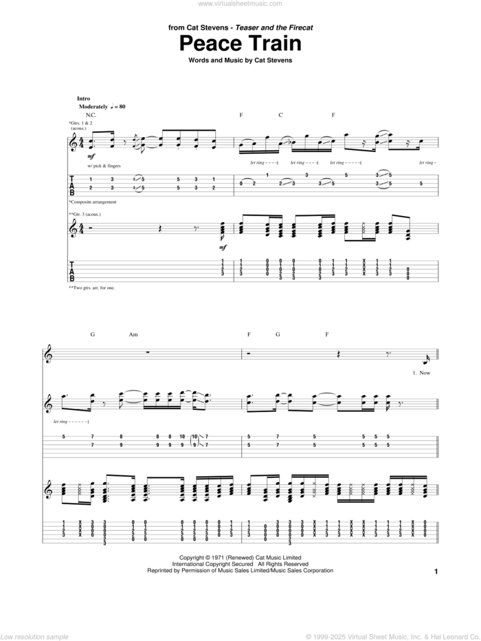 Peace Train sheet music for guitar (tablature) by Cat Stevens, intermediate skill level