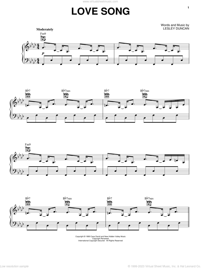 Love Song sheet music for voice, piano or guitar by Neil Diamond and Lesley Duncan, intermediate skill level