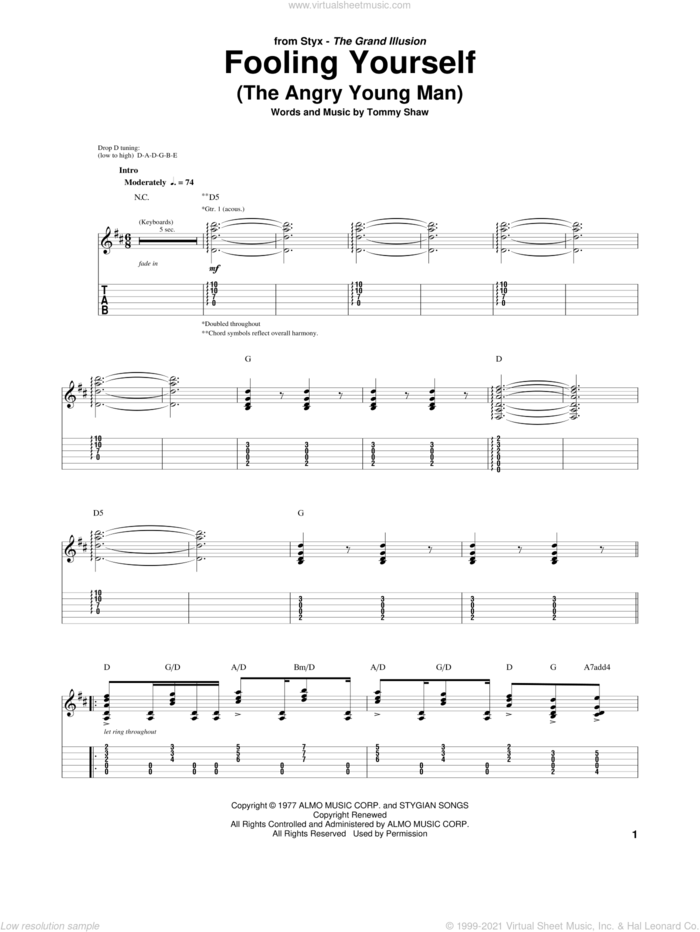 Fooling Yourself (The Angry Young Man) sheet music for guitar (tablature) by Styx and Tommy Shaw, intermediate skill level