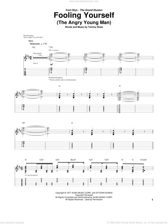 Fooling Yourself (The Angry Young Man) sheet music for guitar (tablature) by Styx and Tommy Shaw, intermediate skill level