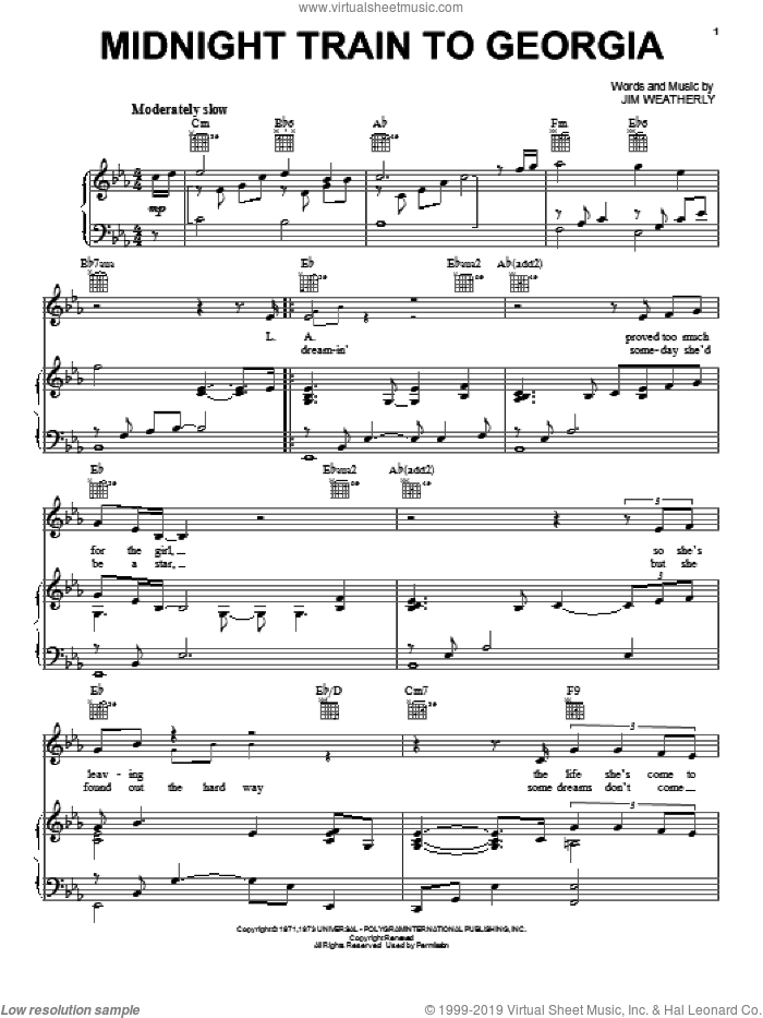 Midnight Train To Georgia sheet music for voice, piano or guitar by Neil Diamond and Jim Weatherly, intermediate skill level
