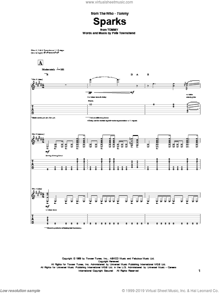 Sparks sheet music for guitar (tablature) by The Who and Pete Townshend, intermediate skill level