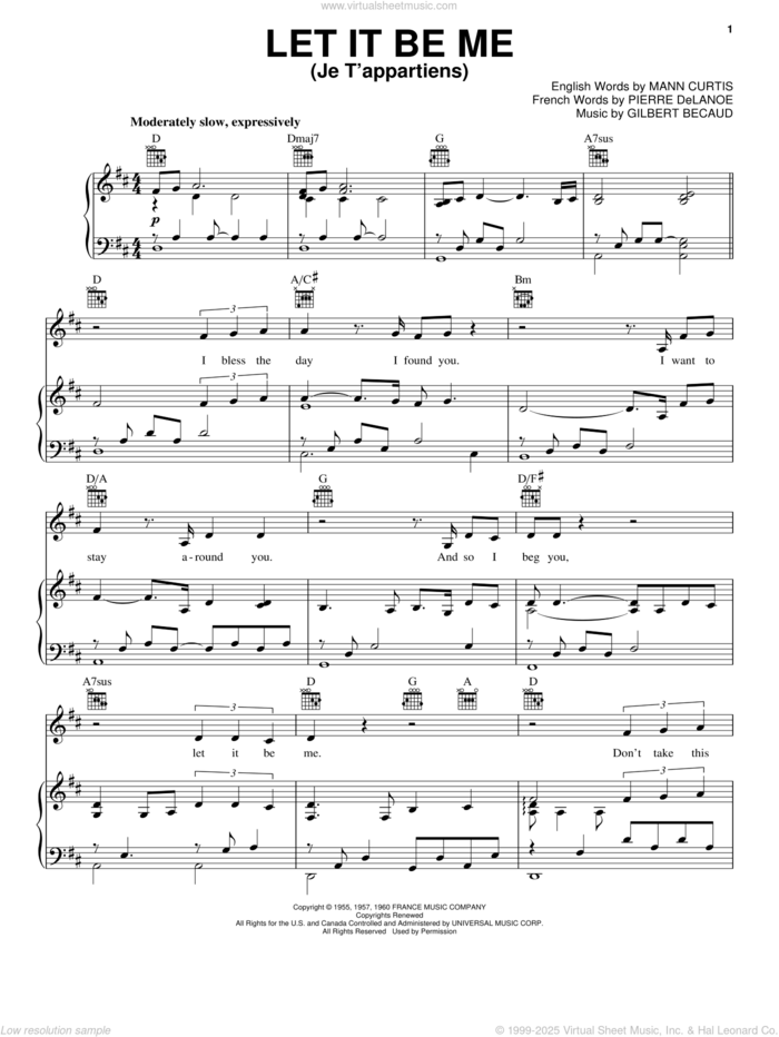 Let It Be Me (Je T'appartiens) sheet music for voice, piano or guitar by Neil Diamond, Gilbert Becaud, Mann Curtis and Pierre Delanoe, intermediate skill level