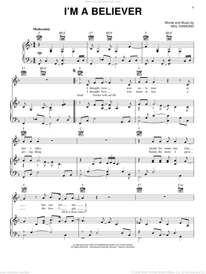 I'm A Believer sheet music for voice, piano or guitar by Neil Diamond, intermediate skill level