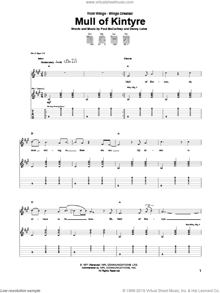 Mull Of Kintyre sheet music for guitar (tablature) by Paul McCartney, Paul McCartney and Wings and Denny Laine, intermediate skill level