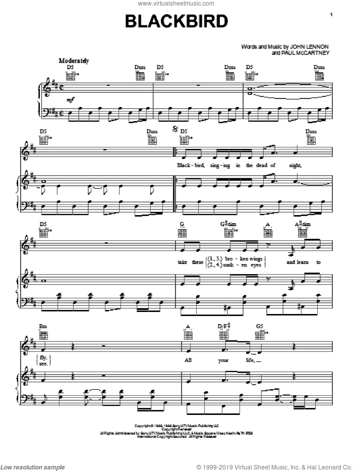 Blackbird sheet music for voice, piano or guitar by Neil Diamond, John Lennon and Paul McCartney, intermediate skill level